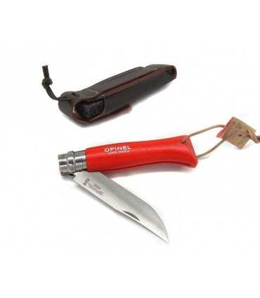 Opinel stainless steel knife number 8 with red handle and sheath