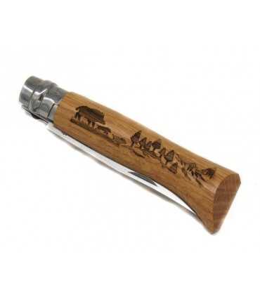 Coltello Opinel inox numero 8 manico legno incisione cinghiale