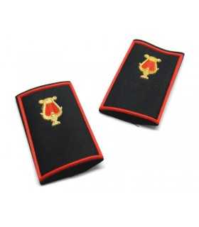 Tubular black musical band with golden zither and red border