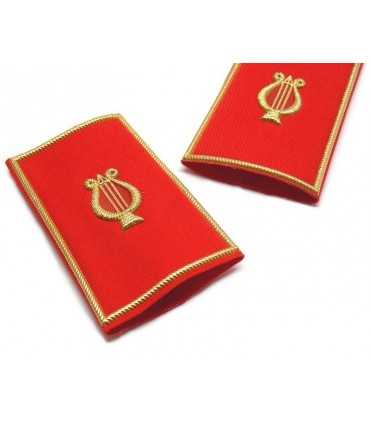 Tubular red musical band with golden zither and golden border