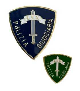 Spilla distintivo POLIZIA GIUDIZIARIA LEX in metallo su fondo BLU o VERDE da giacca camicia o pendif