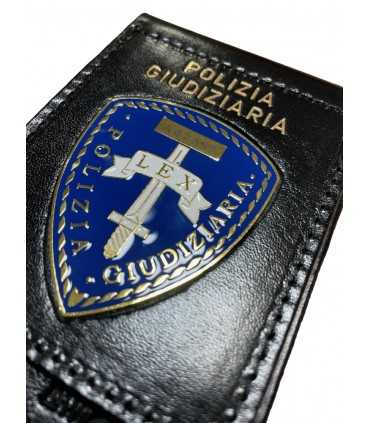 Portafoglio verticale in cuoio con placca in metallo POLIZIA GIUDIZIARIA - BLU