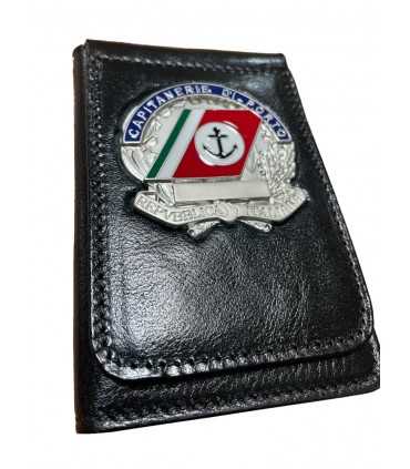 Portafoglio verticale in cuoio con placca ARGENTO in metallo CAPITANERIA DI PORTO Guardia Costiera