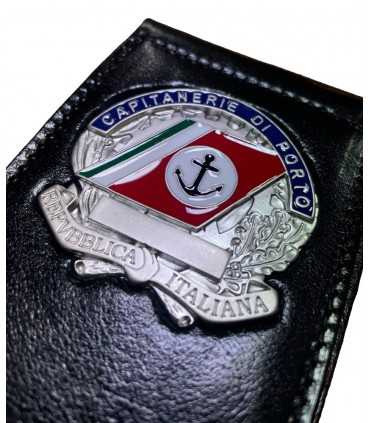 Portafoglio verticale in cuoio con placca ARGENTO in metallo CAPITANERIA DI PORTO Guardia Costiera