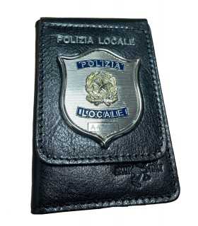 Portafoglio ASCOT verticale in cuoio con placca POLIZIA LOCALE e logo REPUBBLICA