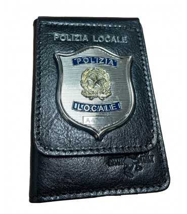 Portafoglio ASCOT verticale in cuoio con placca POLIZIA LOCALE e logo REPUBBLICA