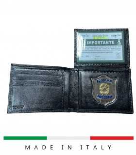 Portafoglio ASCOT orizzontale in cuoio con placca POLIZIA LOCALE con logo REPUBBLICA