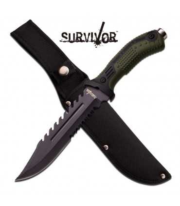 HK-793 Coltello a lama fissa seghettata inox con rompi vetro e fodero in cordura