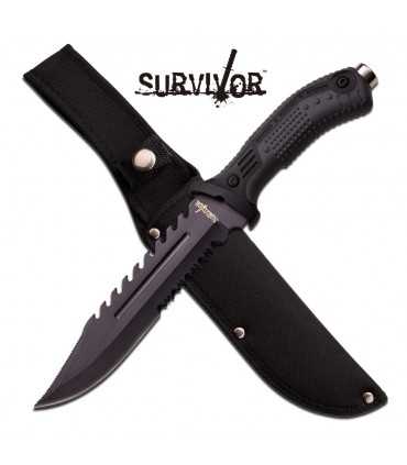 HK-793 Coltello a lama fissa seghettata inox con rompi vetro e fodero in cordura