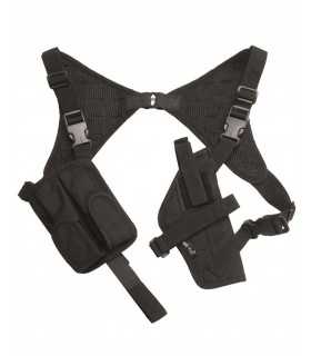 Shoulder holster for vertically wearing- and horizontally pulling-way with two magazine cases - ambidextrous