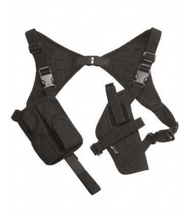 Shoulder holster for vertically wearing- and horizontally pulling-way with two magazine cases - ambidextrous