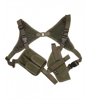 Shoulder holster for vertically wearing- and horizontally pulling-way with two magazine cases - ambidextrous