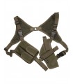Shoulder holster for vertically wearing- and horizontally pulling-way with two magazine cases - ambidextrous