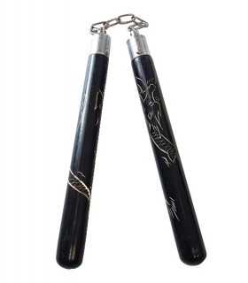 NUNCHAKU WOOD BLACK ENGRAVE WITH CHINESE DRAGONS