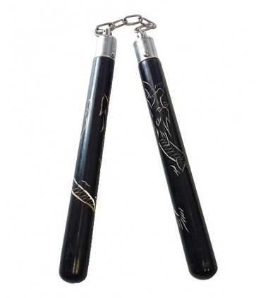 NUNCHAKU WOOD BLACK ENGRAVE WITH CHINESE DRAGONS