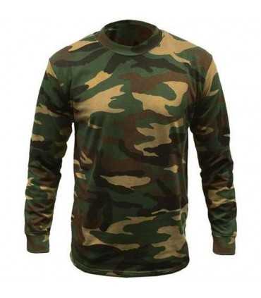 Maglia MILITARE Woodland Manica Lunga Caccia Pesca Outdoor Maglietta 100% cotone