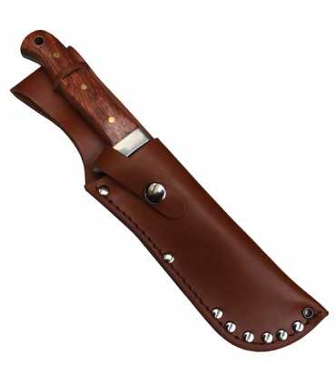 Coltello paracadutisti a lama fissa con manico in legno e fodero in cuoio