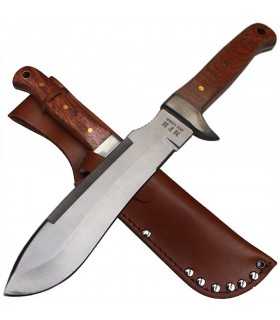 Coltello paracadutisti a lama fissa con manico in legno e fodero in cuoio